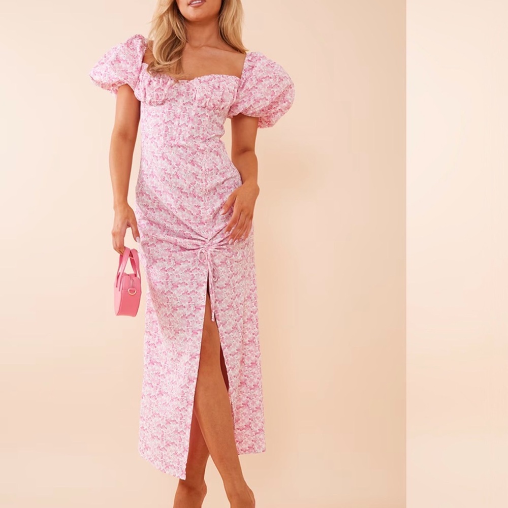 PINK FLORAL SATIN PUFF SLEEVE CORSET RUCHED MIDAXI DRESS cute for valentines 💘